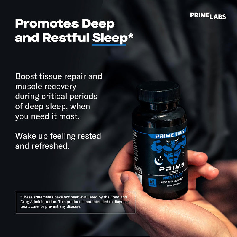 Prime Test Night Duty infographic headed Promotes Deep and Restful Sleep, with a hand holding the bottle and text on tissue repair and muscle recovery
