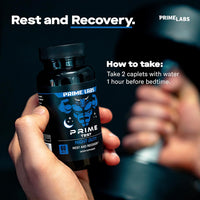 Hand holding Prime Labs Prime Test Night Duty bottle beside how-to-take note: take 2 caplets with water 1 hour before bedtime