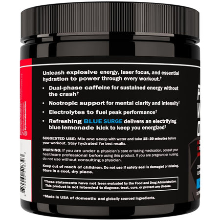 Prime Labs Pre Workout Powder tub back panel with benefit bullets, suggested use, warnings and Made in USA note