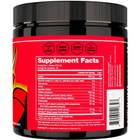 Close-up of Pre Workout Powder Supplement Facts panel with Made in USA, Non-GMO, GMP Compliant and 3rd Party Tested badges