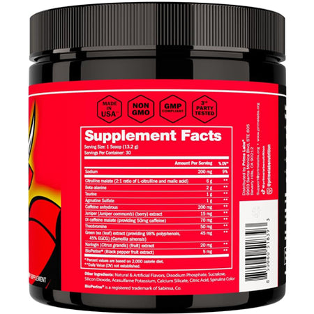 Close-up of Pre Workout Powder Supplement Facts panel with Made in USA, Non-GMO, GMP Compliant and 3rd Party Tested badges