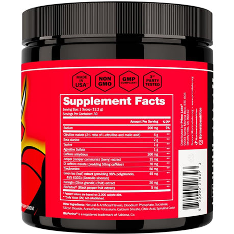 Close-up of Pre Workout Powder Supplement Facts panel with Made in USA, Non-GMO, GMP Compliant and 3rd Party Tested badges