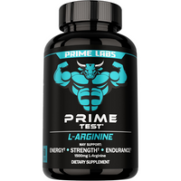 Prime Labs Prime Test L-Arginine black bottle with teal bull mascot, 1500mg L-Arginine, label reading energy, strength and endurance