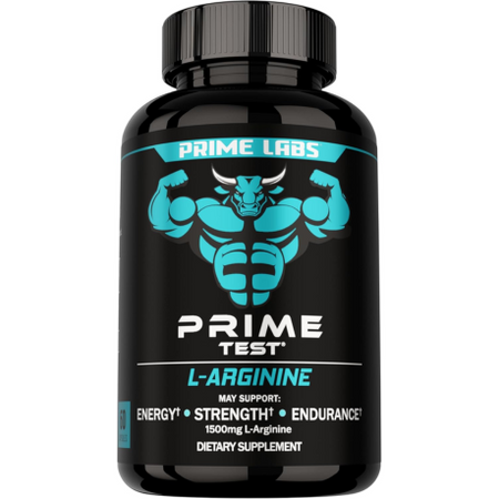 Prime Labs Prime Test L-Arginine black bottle with teal bull mascot, 1500mg L-Arginine, label reading energy, strength and endurance