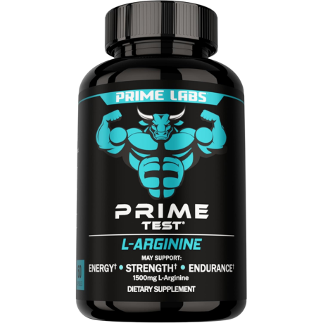 Prime Labs Prime Test L-Arginine black bottle with teal bull mascot, 1500mg L-Arginine, label reading energy, strength and endurance
