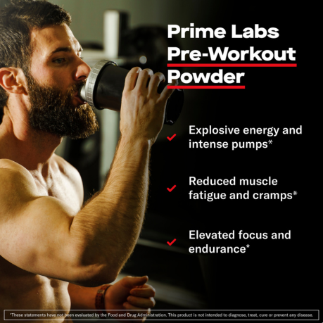 Shirtless bearded man drinking from a shaker beside callouts for explosive energy and pumps, reduced muscle fatigue and elevated focus for Prime Labs Pre-Workout Powder