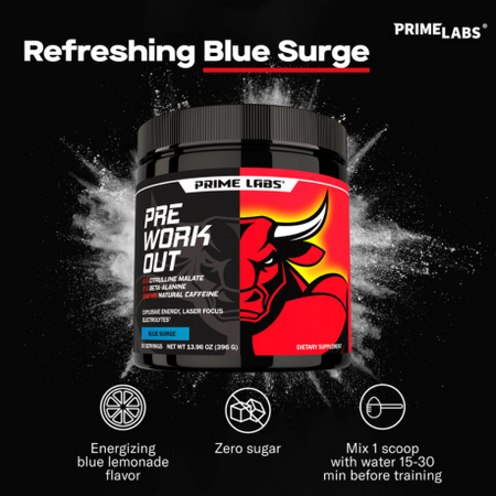 Prime Labs Pre Workout Powder Blue Surge tub bursting from a cloud of powder, with icons for blue lemonade flavor, zero sugar and one-scoop mixing