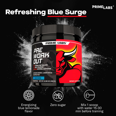 Prime Labs Pre Workout Powder Blue Surge tub bursting from a cloud of powder, with icons for blue lemonade flavor, zero sugar and one-scoop mixing