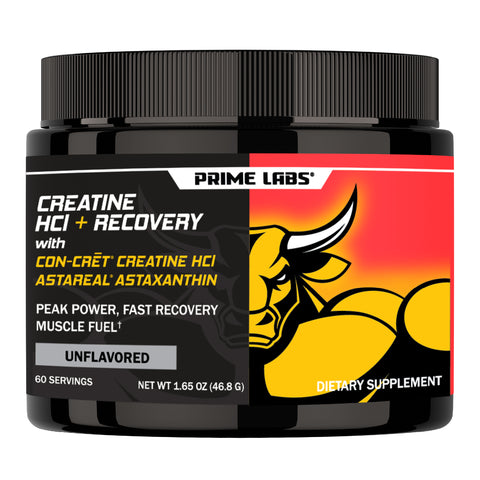Prime Labs Creatine HCl + Recovery unflavored powder tub with yellow bull mascot, label reading CON-CRET creatine HCl and AstaReal astaxanthin, 60 servings