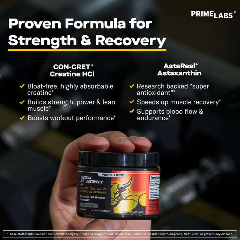 Hand holding Prime Labs Creatine HCl + Recovery tub under Proven Formula for Strength and Recovery, with CON-CRET creatine HCl and AstaReal astaxanthin callouts