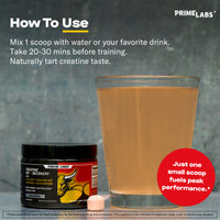 Prime Labs Creatine HCl + Recovery tub and scoop beside a glass of mixed drink, with note to mix 1 scoop 20 to 30 minutes before training