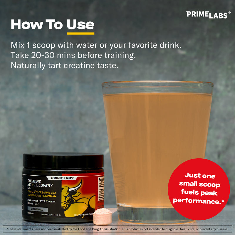 Prime Labs Creatine HCl + Recovery tub and scoop beside a glass of mixed drink, with note to mix 1 scoop 20 to 30 minutes before training