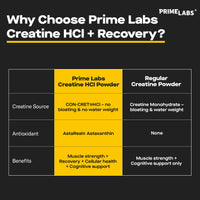 Comparison chart headed Why Choose Prime Labs Creatine HCl + Recovery, contrasting CON-CRET HCl and AstaReal astaxanthin against regular creatine monohydrate