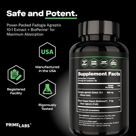 Fadogia Agrestis Supplement Facts panel headed Safe and Potent, 600mg Fadogia agrestis 10:1 plus 5mg BioPerine, with USA-made, Non-GMO and tested badges