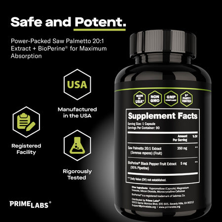 Prime Labs Saw Palmetto Supplement Facts panel showing 350mg Saw Palmetto 20:1 extract plus BioPerine, with USA, Non-GMO, GMP and Tested badges