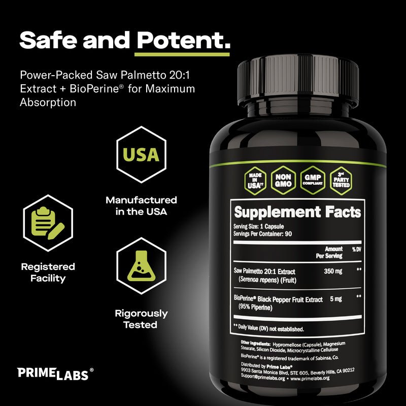 Prime Labs Saw Palmetto Supplement Facts panel showing 350mg Saw Palmetto 20:1 extract plus BioPerine, with USA, Non-GMO, GMP and Tested badges