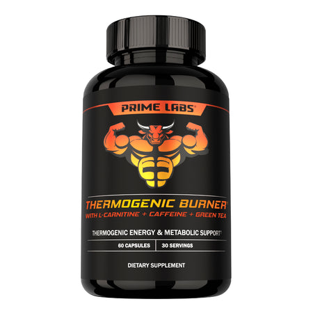 Prime Labs Thermogenic Burner bottle with orange bull mascot, 60 capsules, with L-Carnitine, Caffeine and Green Tea for thermogenic energy support