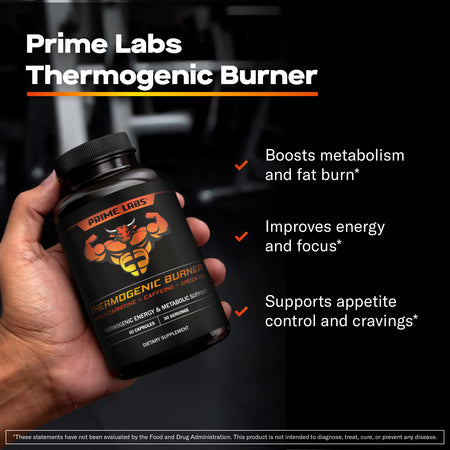 Hand holding Prime Labs Thermogenic Burner bottle in a gym with callouts for metabolism support, energy and focus, and appetite control