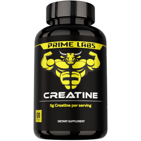 Prime Labs Creatine 120-capsule black bottle with yellow bull mascot, label reading Creatine, 5g creatine per serving dietary supplement