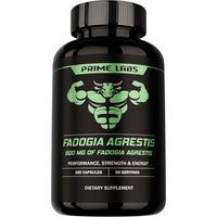 Prime Labs Fadogia Agrestis 180-capsule black bottle with green bull mascot, label reading 600mg Fadogia Agrestis for performance, strength and energy