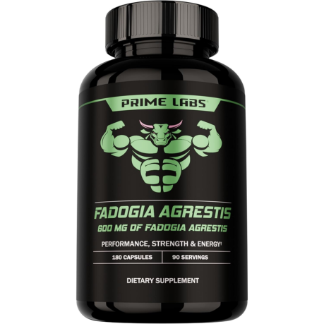 Prime Labs Fadogia Agrestis 180-capsule black bottle with green bull mascot, label reading 600mg Fadogia Agrestis for performance, strength and energy