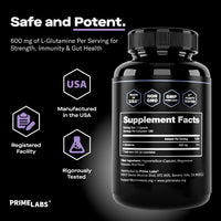 Prime Labs L-Glutamine Supplement Facts panel headed Safe and Potent, 600mg L-Glutamine per capsule, with USA-made, Non-GMO, GMP and 3rd Party Tested badges