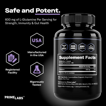 Prime Labs L-Glutamine Supplement Facts panel headed Safe and Potent, 600mg L-Glutamine per capsule, with USA-made, Non-GMO, GMP and 3rd Party Tested badges