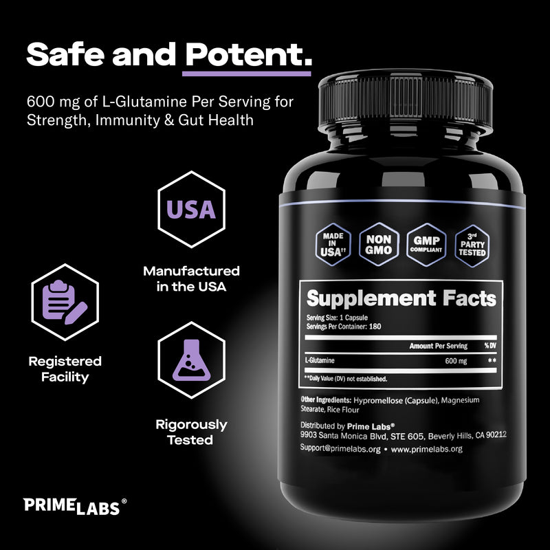 Prime Labs L-Glutamine Supplement Facts panel headed Safe and Potent, 600mg L-Glutamine per capsule, with USA-made, Non-GMO, GMP and 3rd Party Tested badges