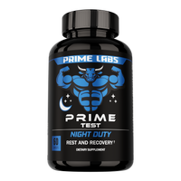 Prime Labs Prime Test Night Duty 60-caplet black bottle with blue bull mascot and moon icon, label reading Rest and Recovery dietary supplement