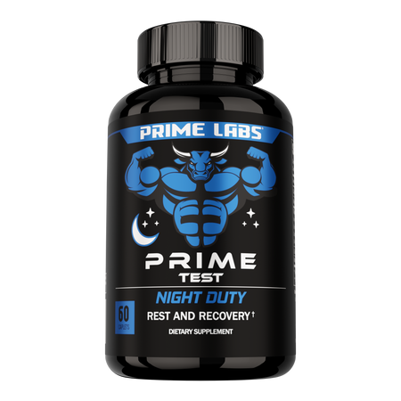 Prime Labs Prime Test Night Duty 60-caplet black bottle with blue bull mascot and moon icon, label reading Rest and Recovery dietary supplement