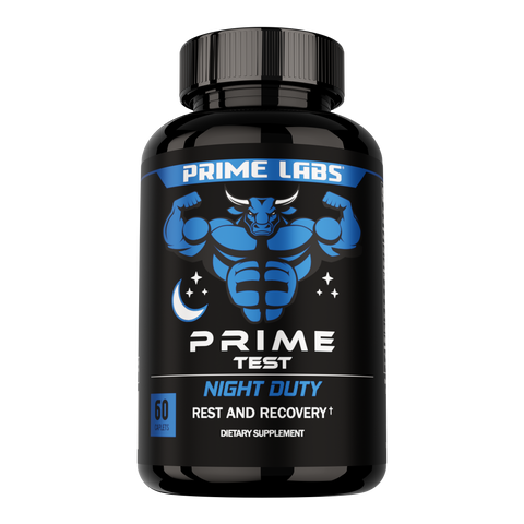 Prime Labs Prime Test Night Duty 60-caplet black bottle with blue bull mascot and moon icon, label reading Rest and Recovery dietary supplement