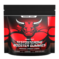 Prime Labs Prime Test Testosterone Booster Gummies black pouch with red bull mascot, Wild Raspberry, 60 gummies, labeled endurance, strength and energy