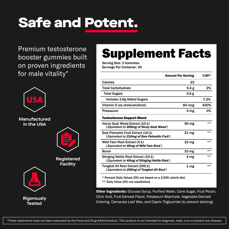 Prime Labs Testosterone Booster Gummies Supplement Facts panel with Vitamin D3, Boron and a botanical testosterone support blend
