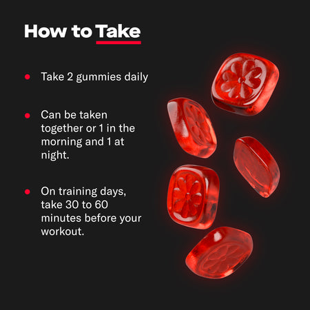 Prime Labs How to Take graphic with five red wild raspberry gummies, directions to take 2 gummies daily or 30 to 60 minutes before a workout
