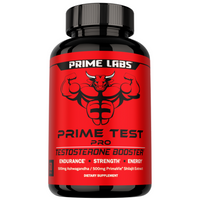 Prime Labs Prime Test Pro testosterone booster 60-count black bottle with red label and bull mascot, 500mg ashwagandha and 500mg PrimaVie shilajit