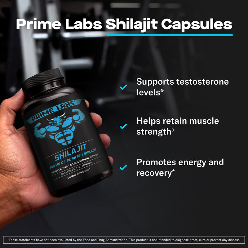 Hand holding the Prime Labs Shilajit bottle, infographic with callouts for testosterone levels, muscle strength retention and energy and recovery