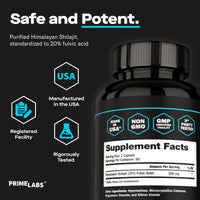 Prime Labs Shilajit Supplement Facts panel showing 500mg Himalayan Shilajit at 20% fulvic acid, with USA, Non-GMO, GMP and 3rd Party Tested badges