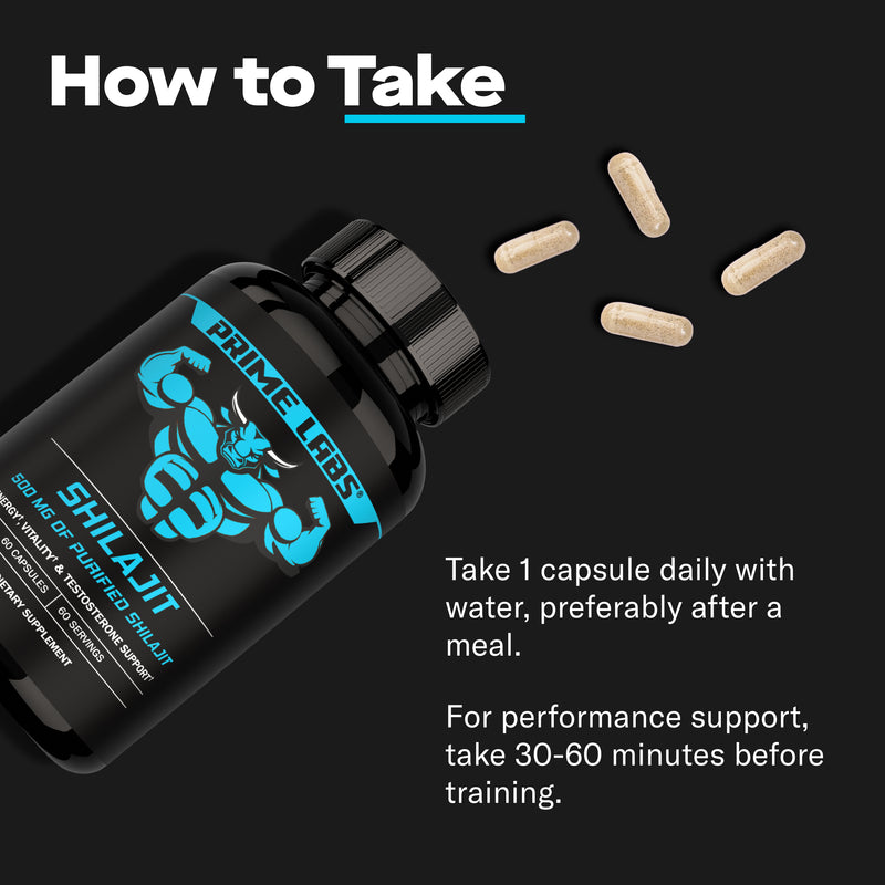 Prime Labs Shilajit bottle on its side with four brown capsules spilling out, How to Take graphic advising 1 capsule daily with water after a meal