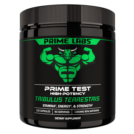Prime Labs Prime Test High-Potency Tribulus Terrestris black jar with green bull mascot, 120 capsules, 60 servings, 1300mg 95% saponins