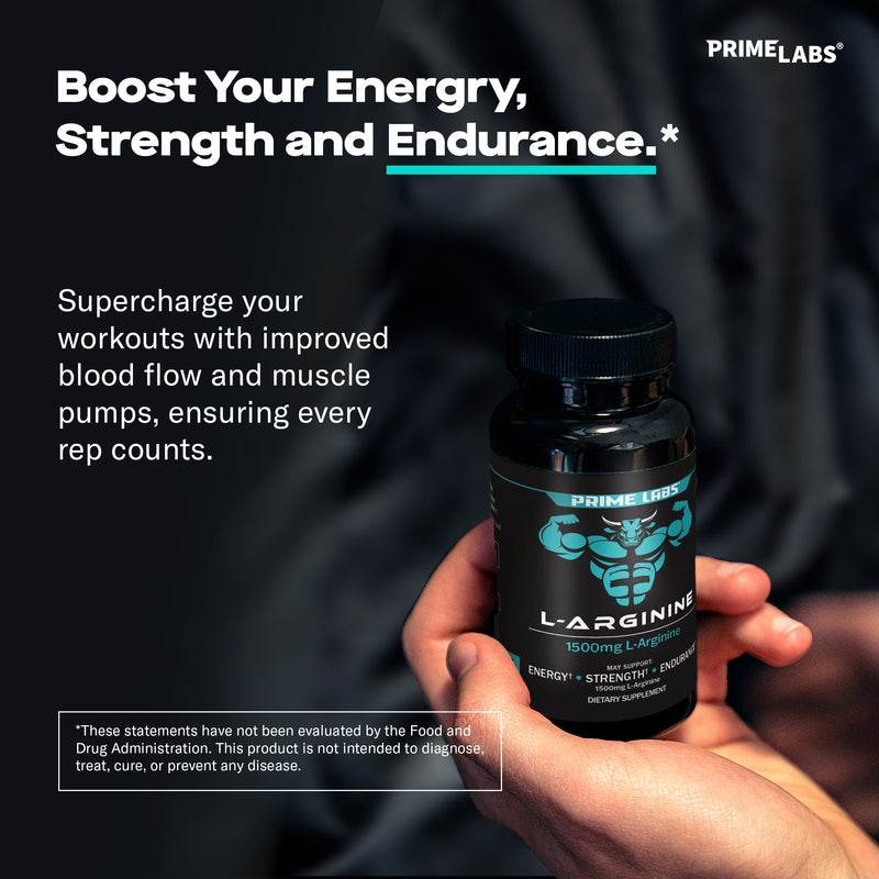 Hand holding the Prime Labs L-Arginine bottle, graphic headline Boost your energy, strength and endurance with copy on blood flow and muscle pumps