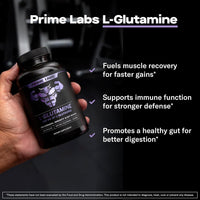 Hand holding Prime Labs L-Glutamine bottle beside callouts for muscle recovery, immune function support and healthy digestion