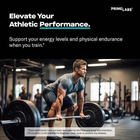 Prime Labs L-Arginine graphic, a man setting up a barbell deadlift in a gym, headline Elevate your athletic performance and endurance