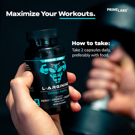 Hand holding the Prime Labs L-Arginine bottle, Maximize Your Workouts graphic with directions to take 2 capsules daily, preferably with food