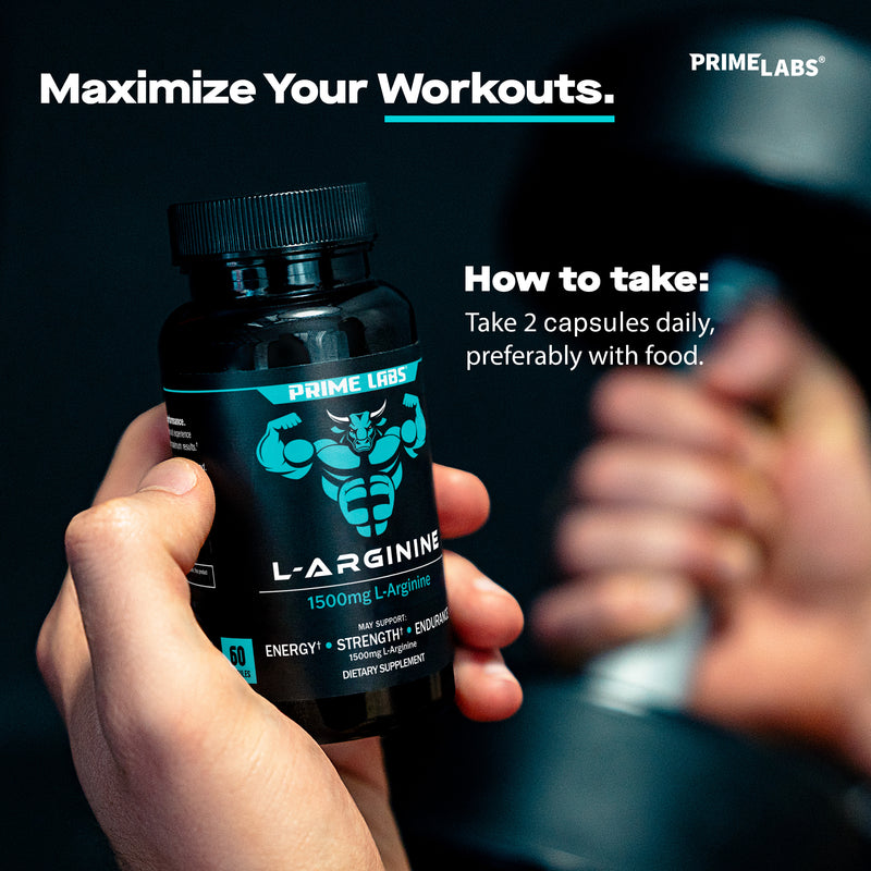 Hand holding the Prime Labs L-Arginine bottle, Maximize Your Workouts graphic with directions to take 2 capsules daily, preferably with food