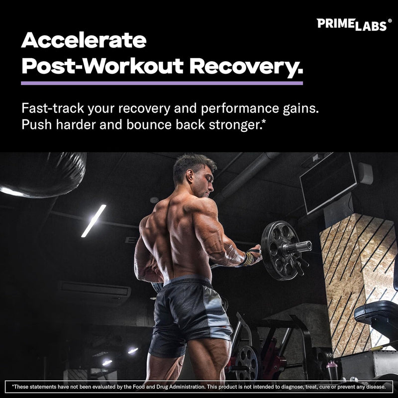 Shirtless muscular man doing a barbell row in a gym under the headline Accelerate Post-Workout Recovery for Prime Labs L-Glutamine