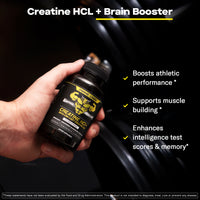 Hand holding the Prime Labs Creatine HCl+ bottle, Creatine HCL + Brain Booster graphic listing athletic performance, muscle building and memory callouts