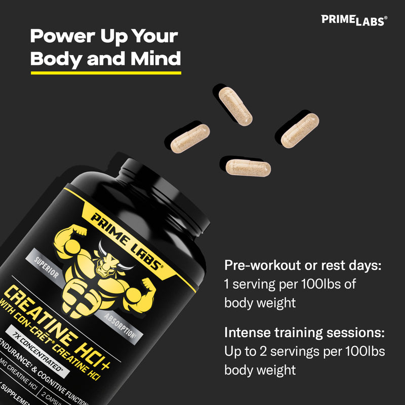 Prime Labs Creatine HCl+ bottle tipped with four brown capsules spilling out, Power Up Your Body and Mind graphic with serving directions