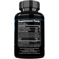 Close-up of Prime Test Night Duty bottle back showing the Supplement Facts panel, 2-caplet serving size and 30 servings per container