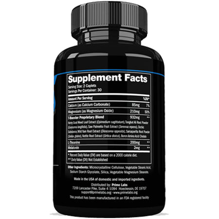 Close-up of Prime Test Night Duty bottle back showing the Supplement Facts panel, 2-caplet serving size and 30 servings per container