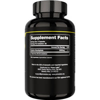 Close-up of Prime Labs Creatine bottle back Supplement Facts panel, 4-capsule serving with 5000mg creatine monohydrate, 30 servings